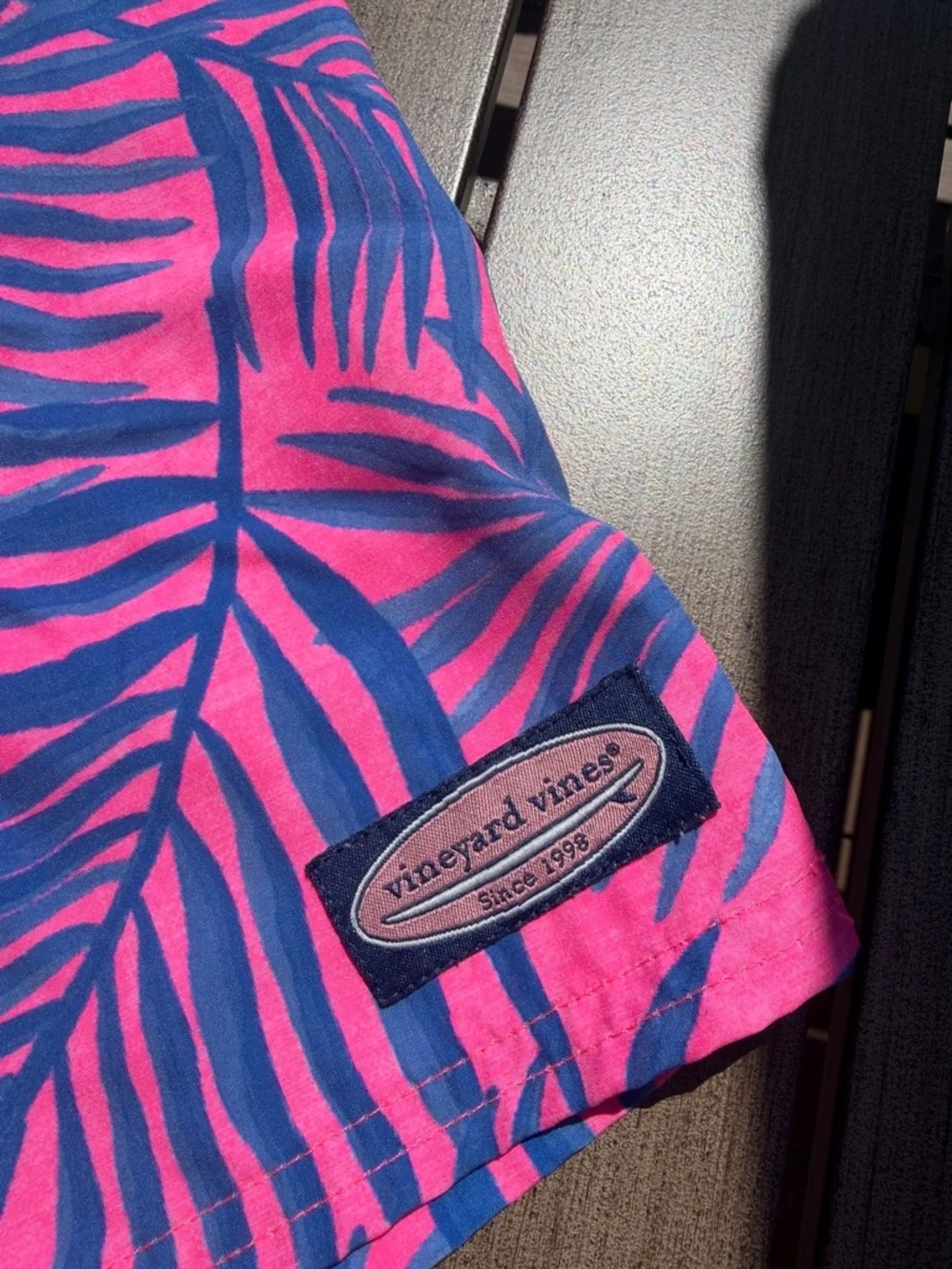 Vineyard Vines Pink and Blue Palm-Print chappy swim trunks. - Picture 2 of 6